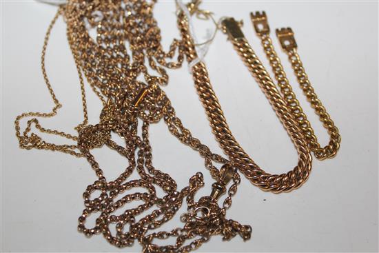 9ct gold muff chain, 9ct chain, 15ct chain, 10K fine chain, 2  yellow metal bracelets & sundries (Q)